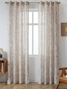 Sheer Floral Linen-Feel Curtains in Soft Beige, 94" Length